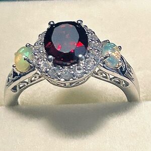 Sterling Silver Garnet and Opal Halo Ring
